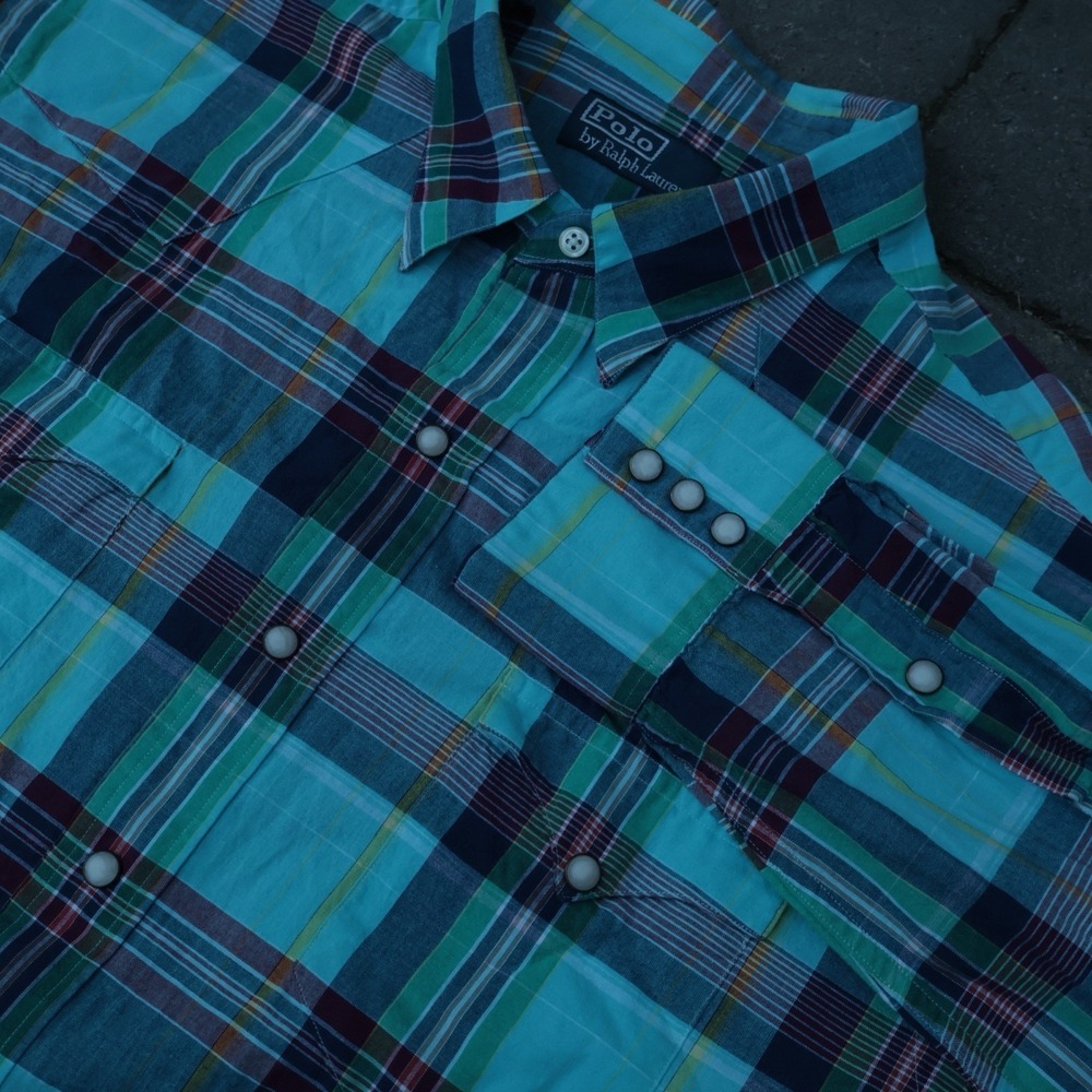 Vtg 90s Polo Ralph Lauren Western Pearl Snap XL Plaid Turquoise Yoke LS Vintage